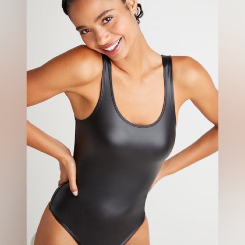 Faux Leather Black Sleeveless Bodysuit